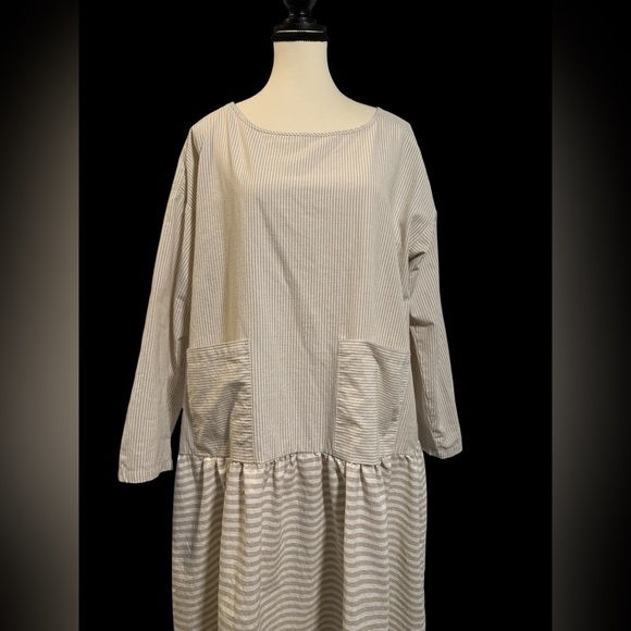 MISSLOOK Tan and White Striped Long Sleeve Drop Waist Dress - Picture 2 of 7